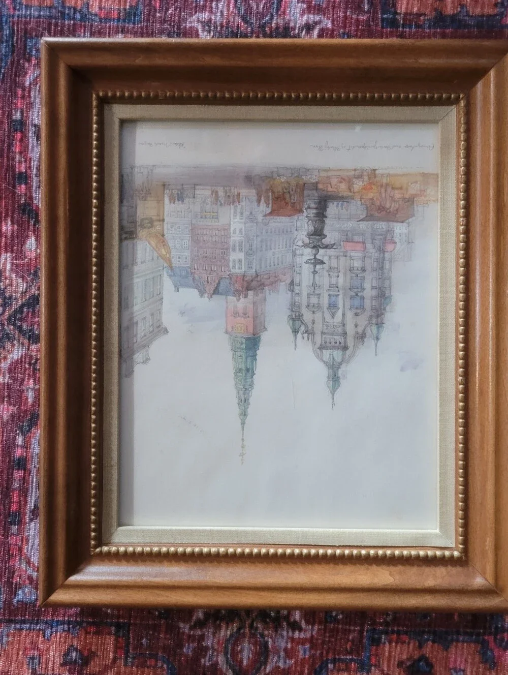 Mid-Century Danish Artist Mads Stage Copenhagen Cityscape Watercolor Print Frame